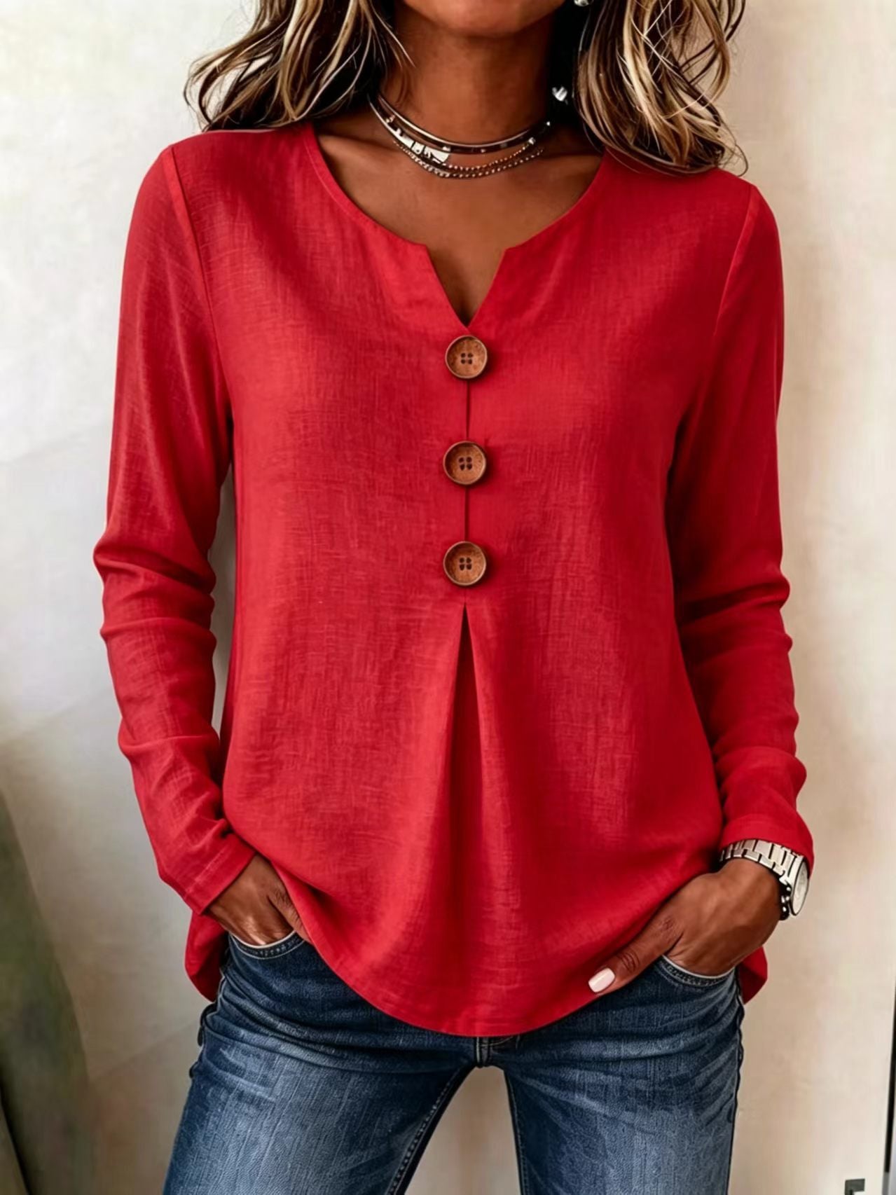 Women's Autumn Loose Solid Color Button Pleating Tops
