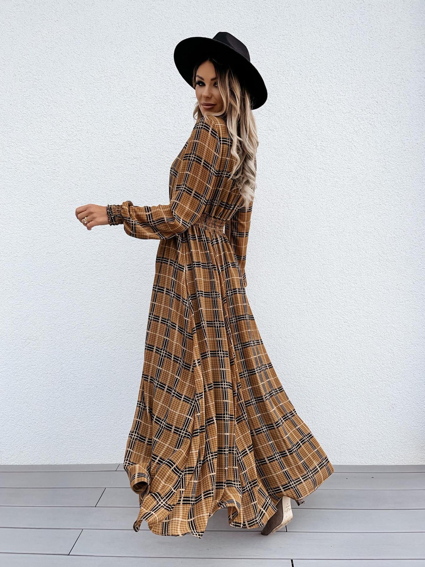 Printed Checks Long Sleeve Waist Slit Dress