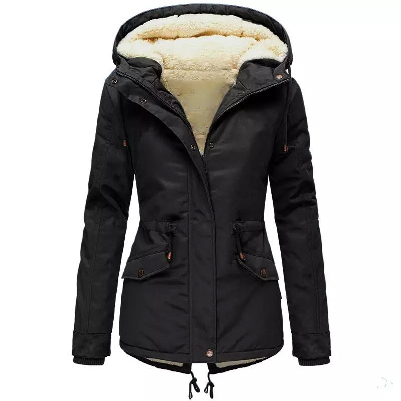 Women's Solid Color Hooded Parka Thick Veet Coats