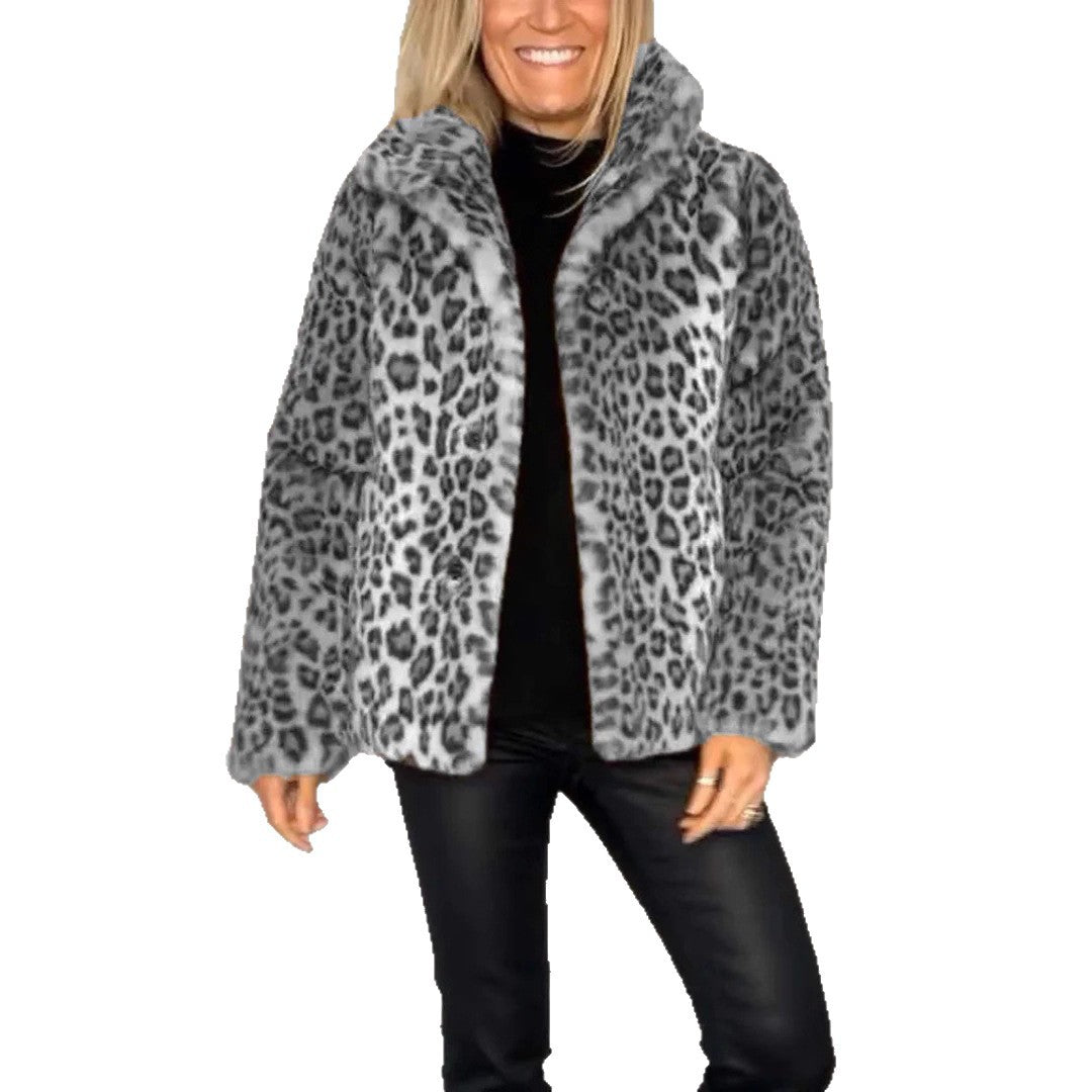 Women's Winter Fashionable Leopard Print Lapel Imitation Coats
