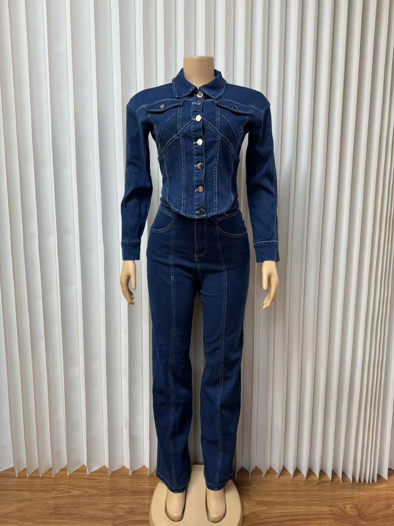 Women's Niche Design Denim Collar Long-sleeved Two-piece Clothing