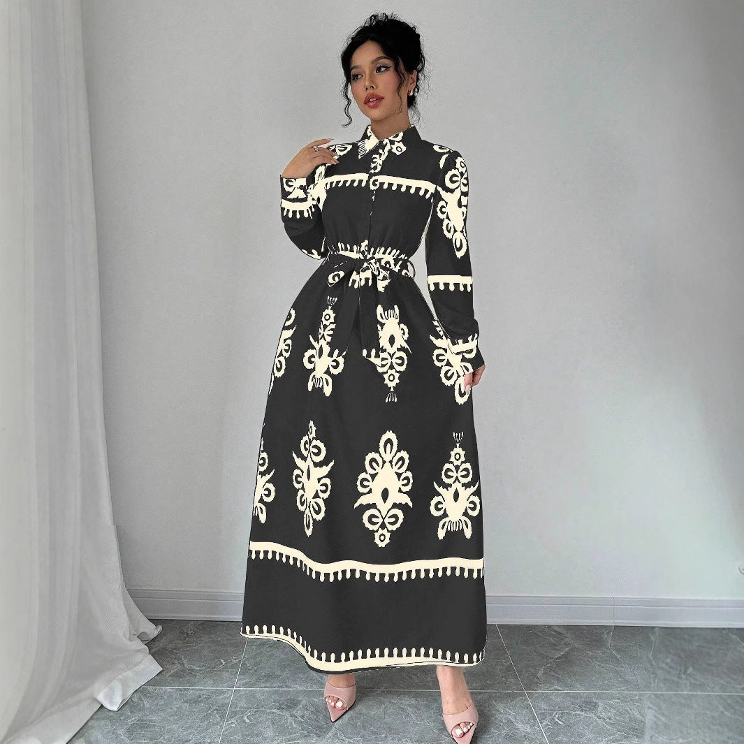 Printed Lace Up Shirt Long Sleeve Dress