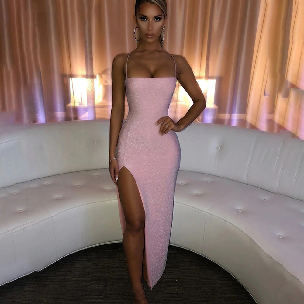Sexy Sling Exposed Back Square Collar Solid Color Sheath Gold Dress