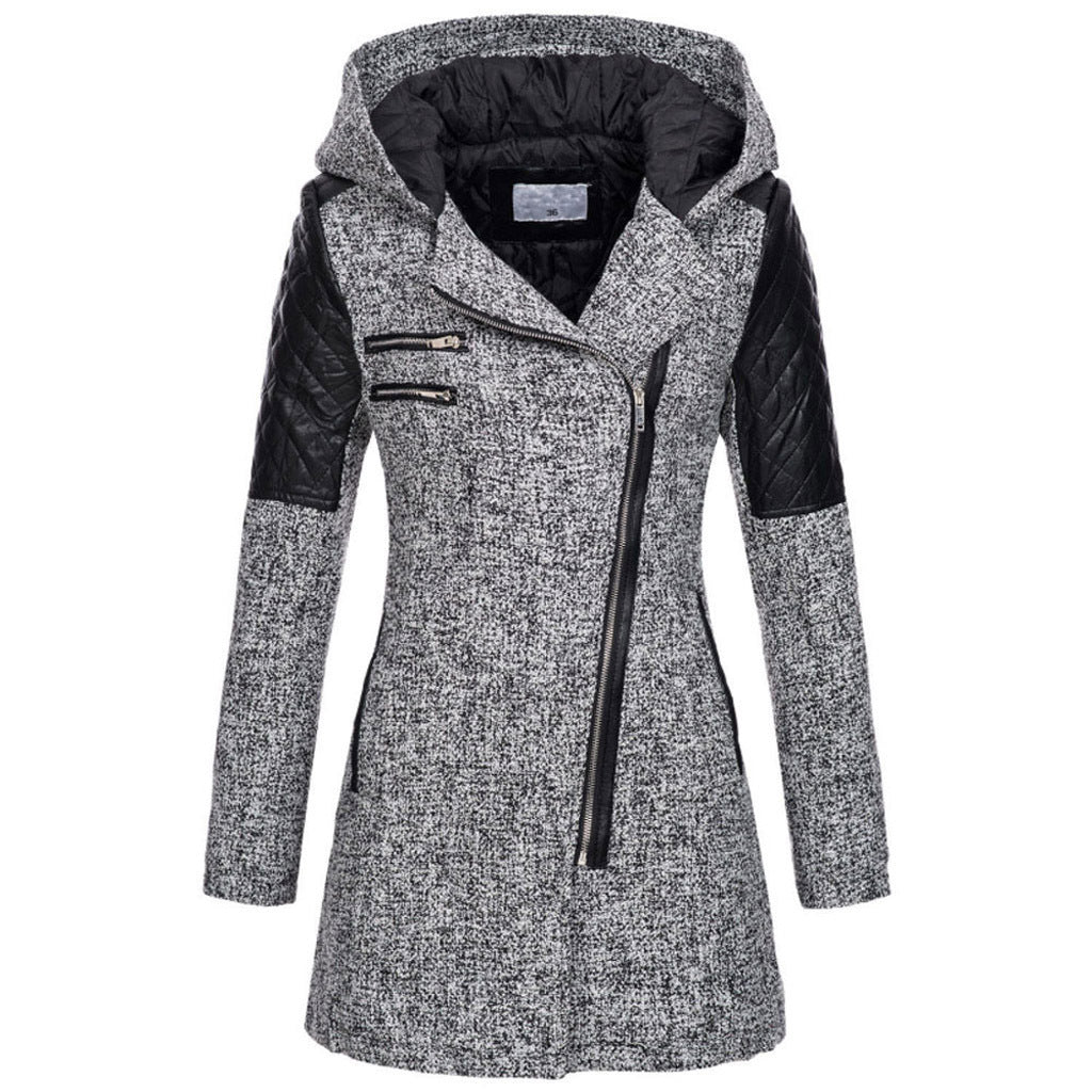 Women's Zipper Hooded Woolen Trench Mid-length Thick Coats