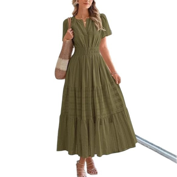 Women's Fashion Pleated Puff Sleeve Layered Large Dress