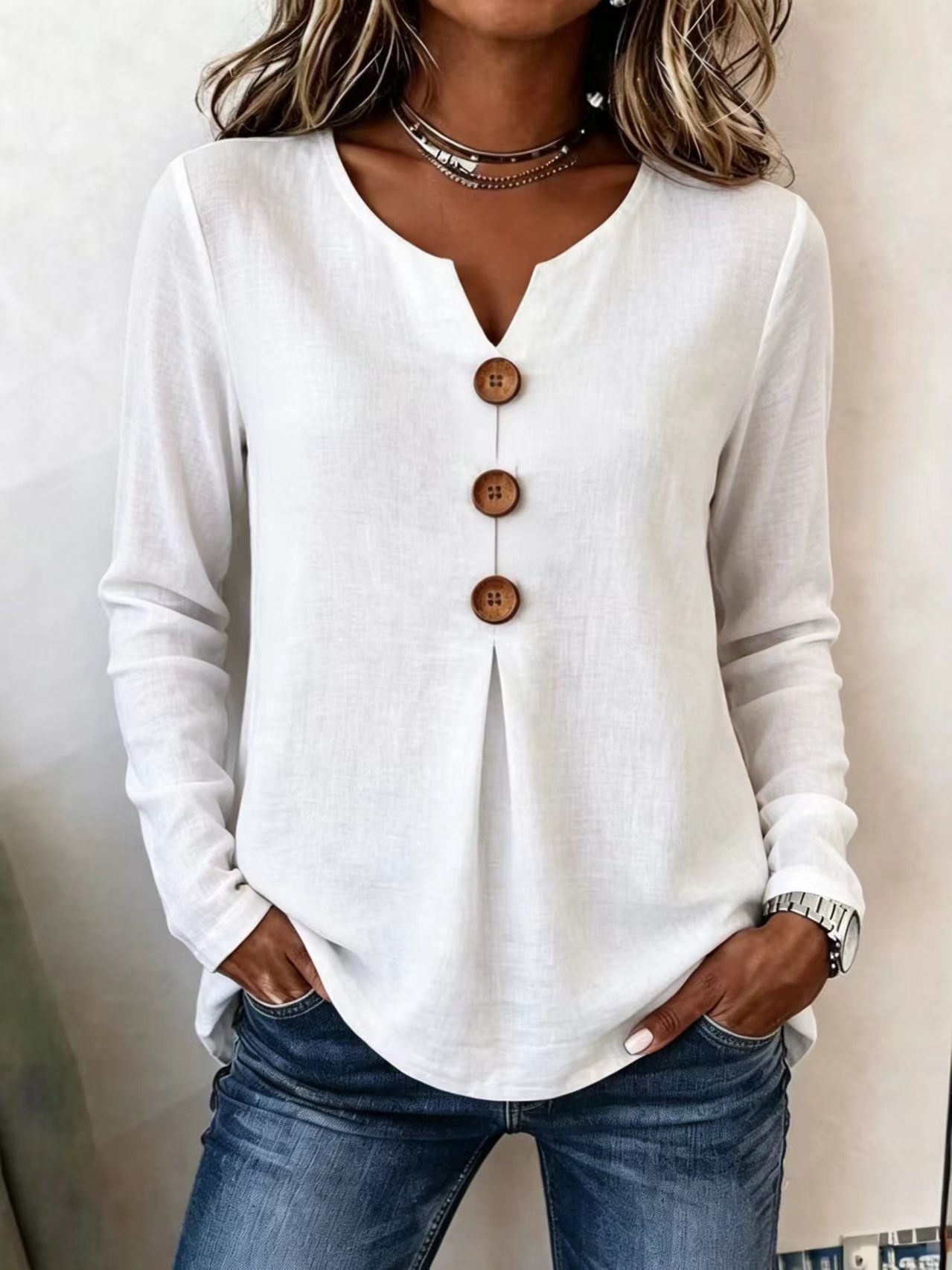 Women's Autumn Loose Solid Color Button Pleating Tops