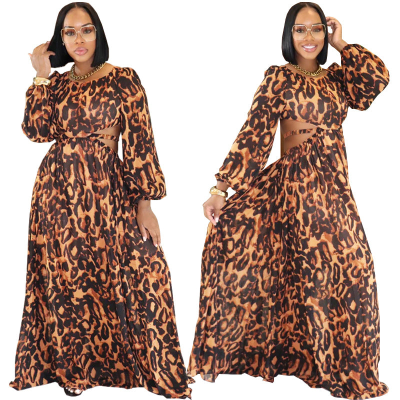 Women's Backless Midriff Outfit Sexy Leopard Print Long Sleeve Comfortable Dress