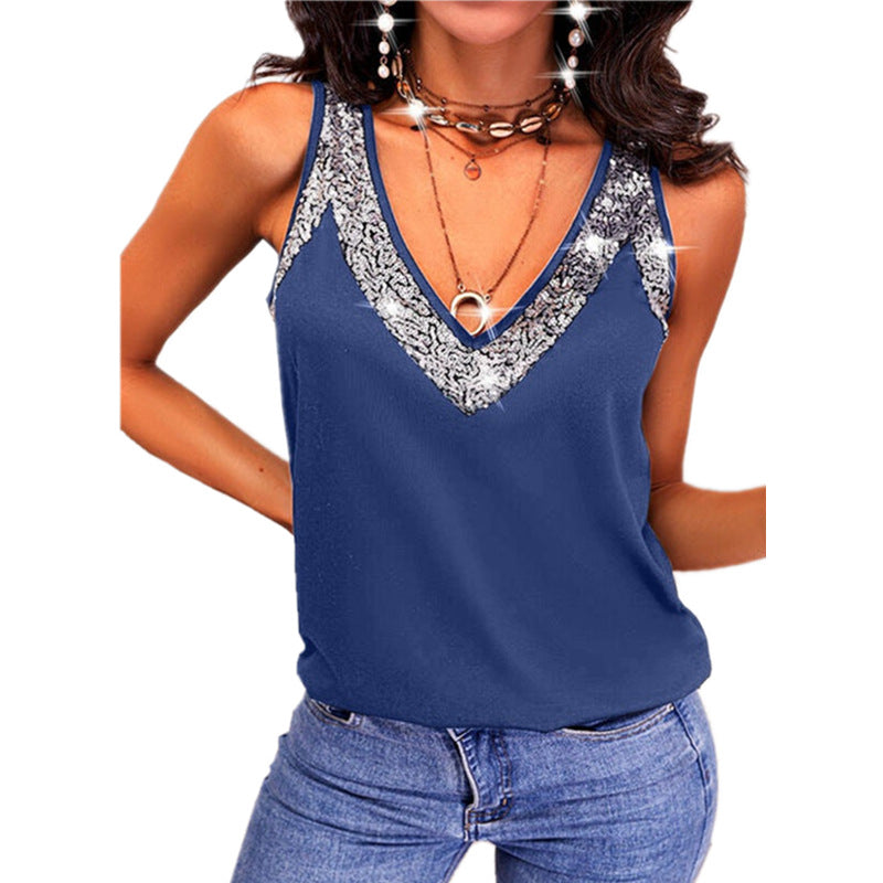 Women's Summer Solid Color Sequin Sleeveless T-shirt Blouses