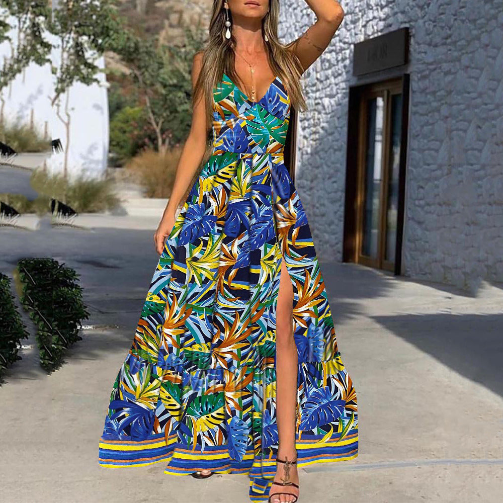 Women's Summer Collar Floral Print Leaves Beach Dress
