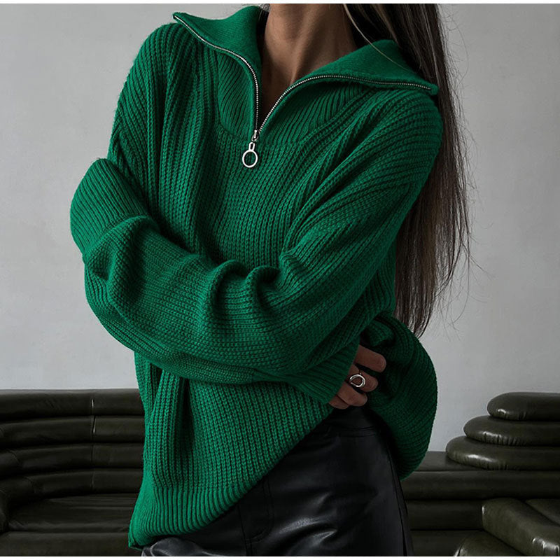 Women's Zipper Pullover Knitted Loose Casual Sweaters
