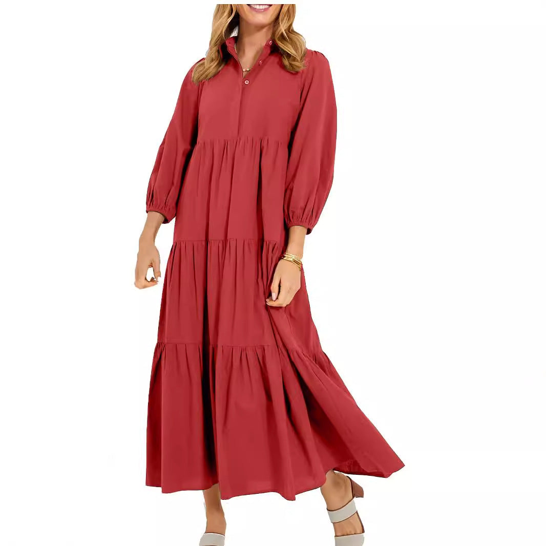 Women's Button Lapel Long Fashion Pullover High Waist Casual Solid Dress