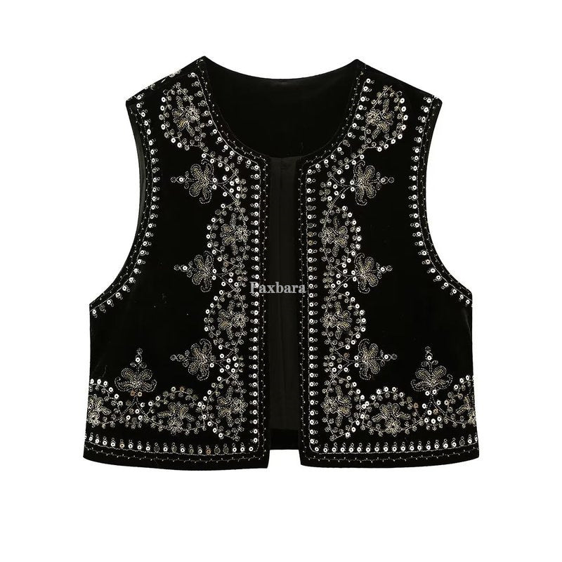 Women's Retro Fashion Casual Embroidered Veet Vests