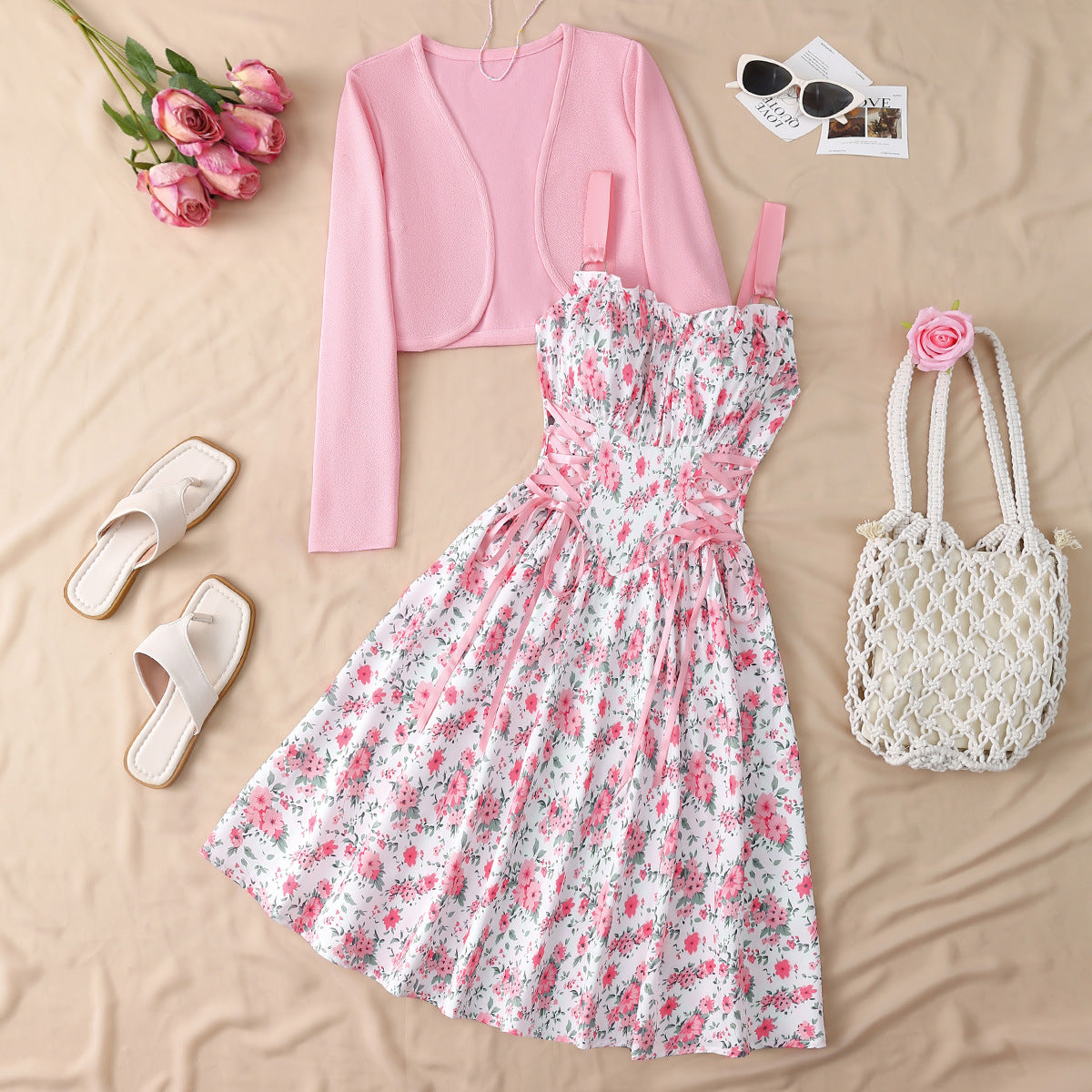 Women's Metal Ring Drawstring Elegant Printed Dress Two-piece Cardigans