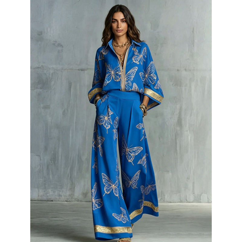 Women's Printed Sexy Deep V Loose Zip Wide Fashion Casual Suit