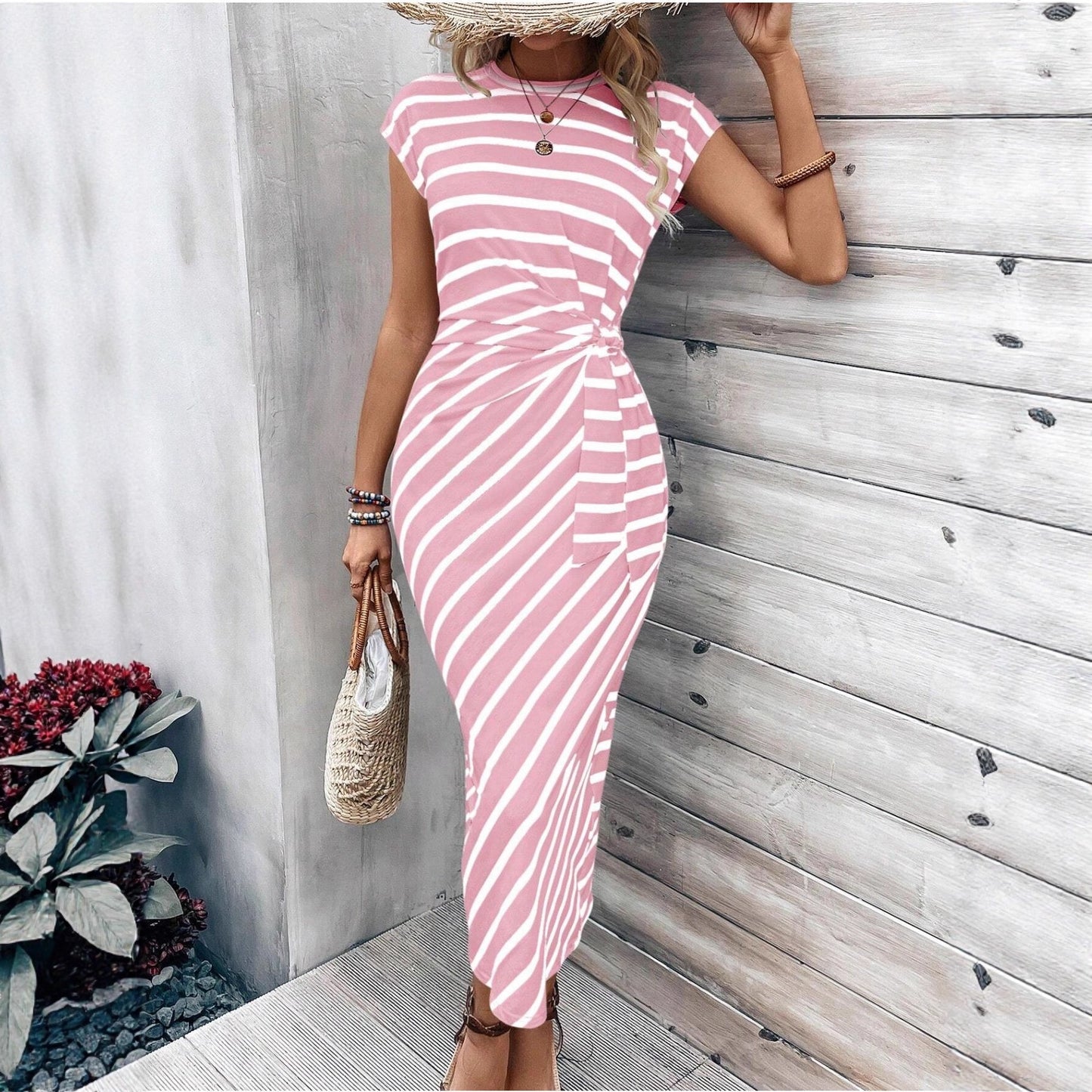 New Women's Waist Strap Sleeve Long Dress