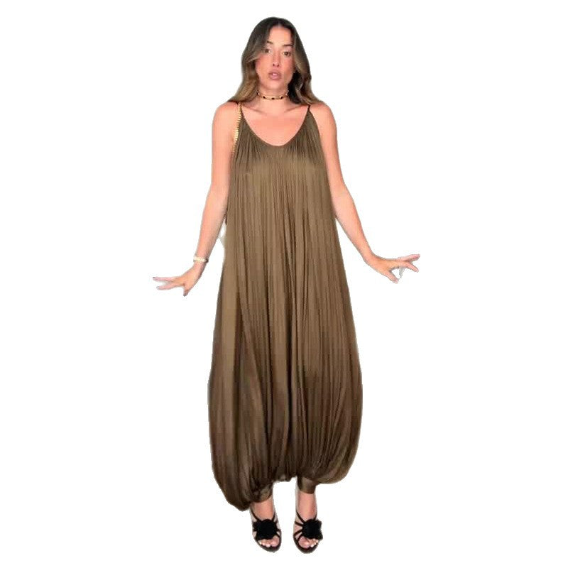 Women's Fashion Pleated Sling Loose Comfortable Backless Jumpsuits