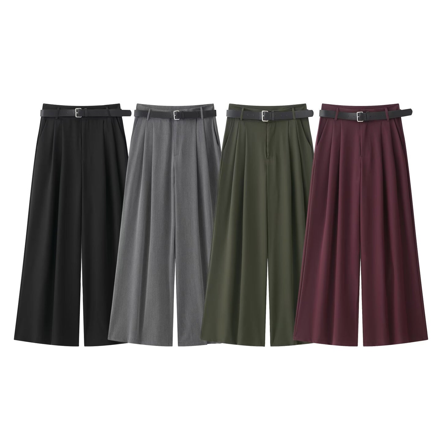 Women's Waist Matching Belt Pairs Of Pleated Pants