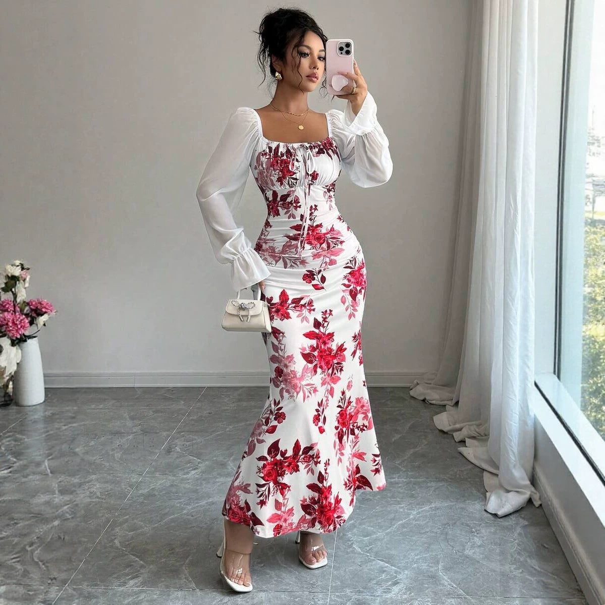 Women's Elegant Pleated Waist Floral Horn Sleeveless Dress