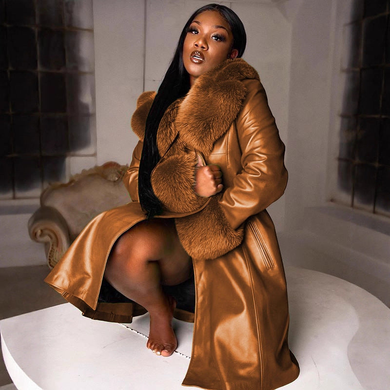 Warm Pure Color Lapel Long Stitching Big Fur Jackets