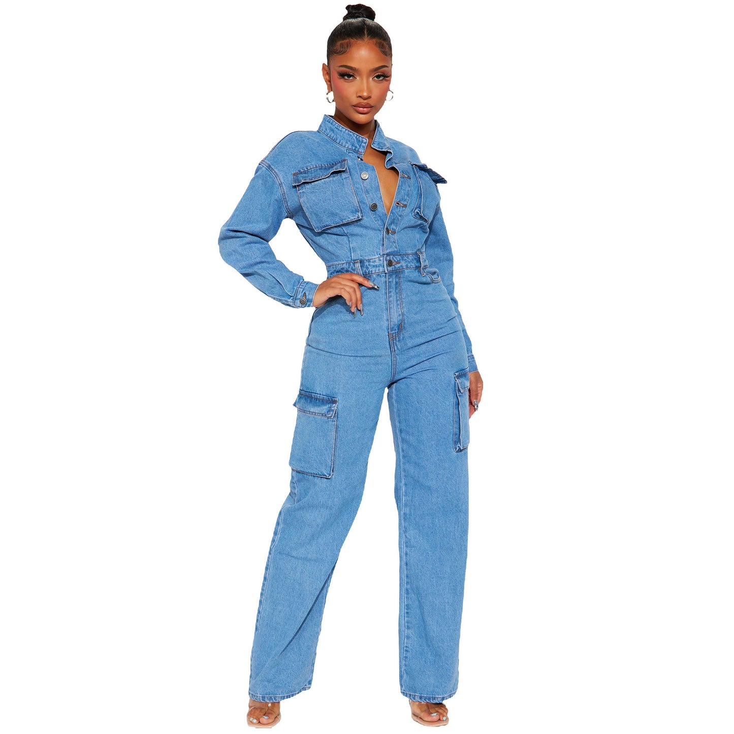 Stretch Bellows Pocket Washed Denim Bell-bottom Jumpsuits
