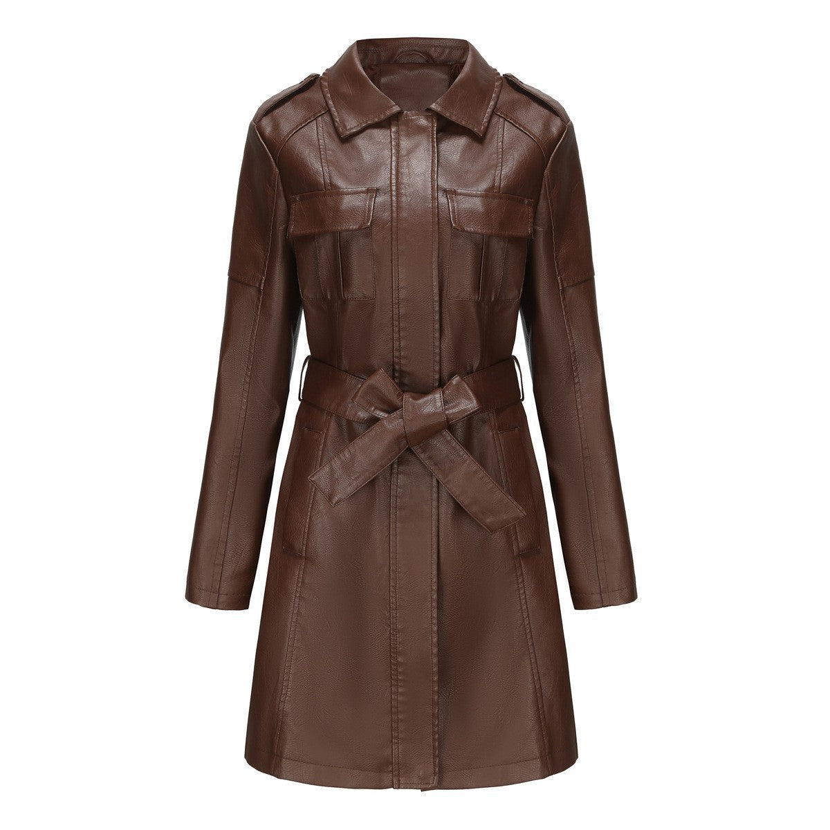 Women's Leather Including Belt Long Sleeve Wind Fashion Jackets