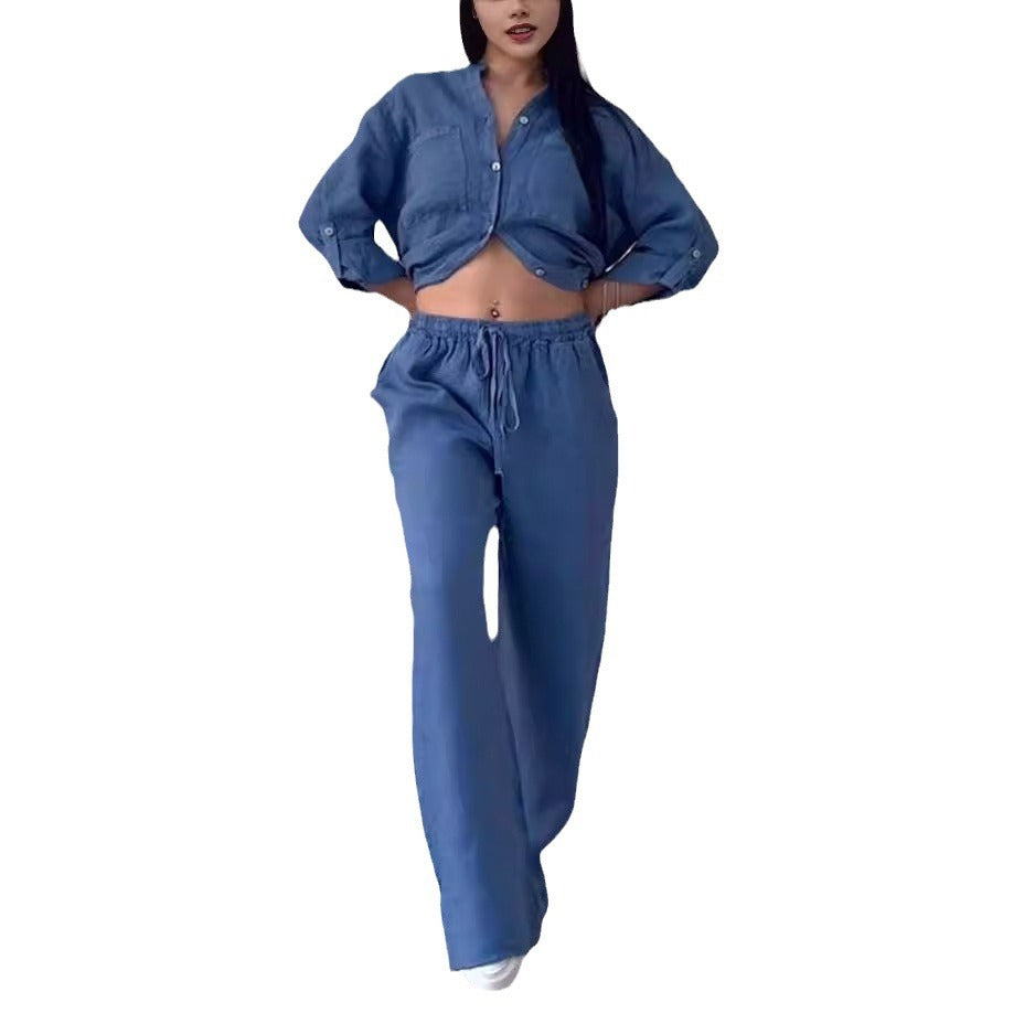 Cotton Linen Solid Color Shirt Drawstring Suits
