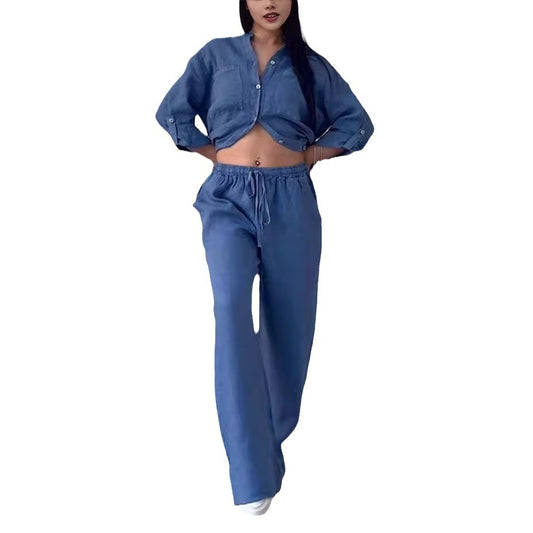 Cotton Linen Solid Color Shirt Drawstring Suits
