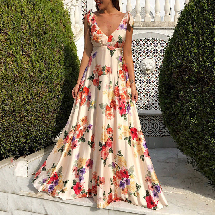 Women's Clothes Exposed Back Printed Large Swing Sleeveless Dresses