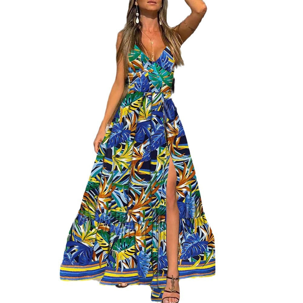 Women's Summer Collar Floral Print Leaves Beach Dress