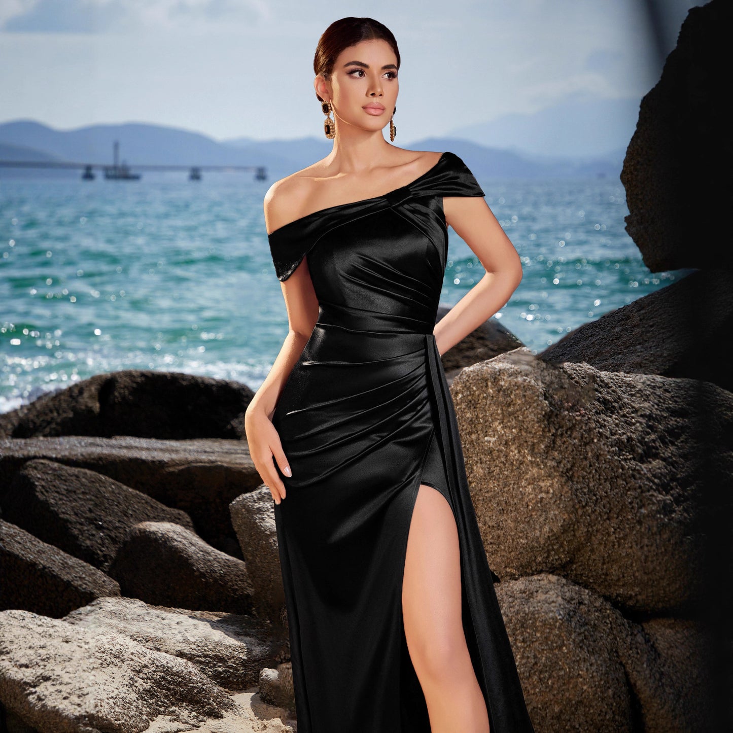 Black Satin High Slit Slimming Host Dress