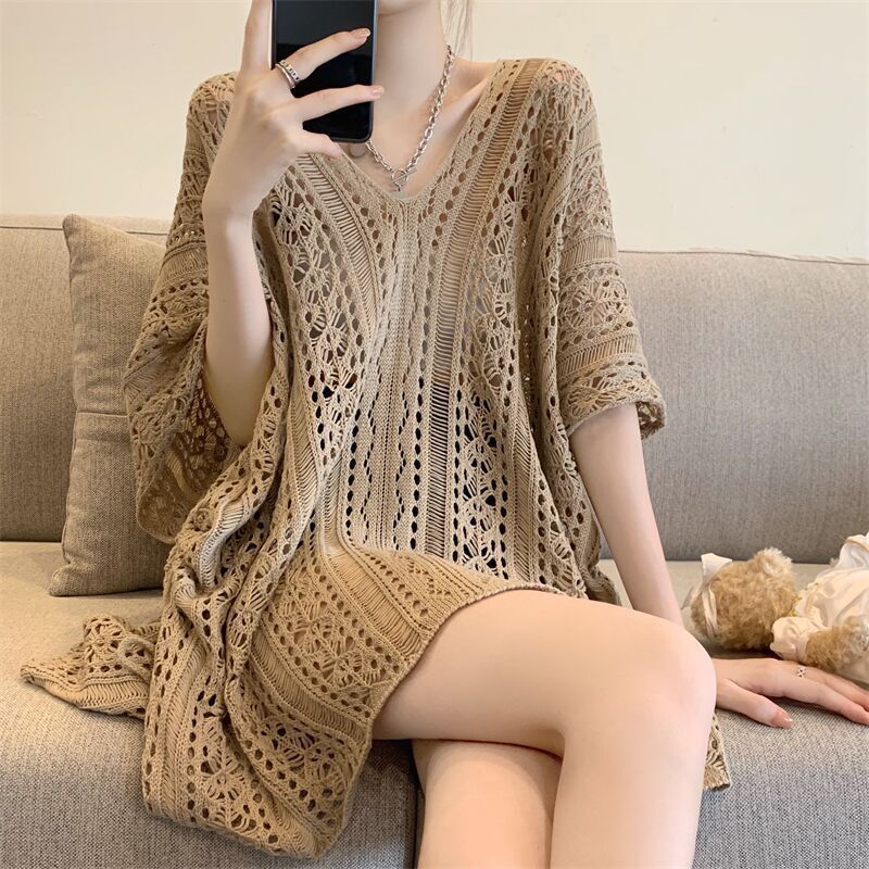 Women's Pure Desire Hollow Out Tied Knitted Loose Niche Mid-length Women's Sweater