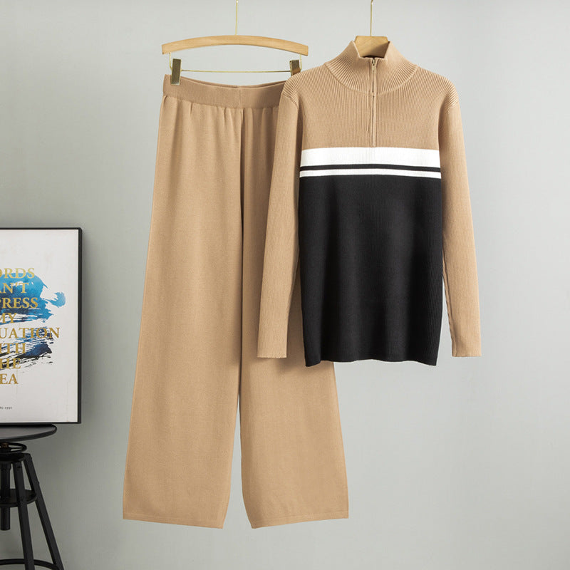 Women's Color Matching Knitted Turtleneck Zipper Spring Fashion Casual Suit