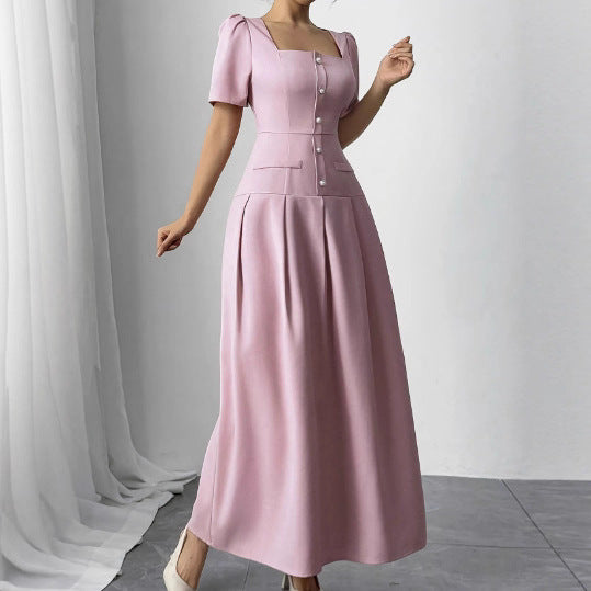 Women's Long Summer Simple Temperament Slimming Square Collar Puff Dress