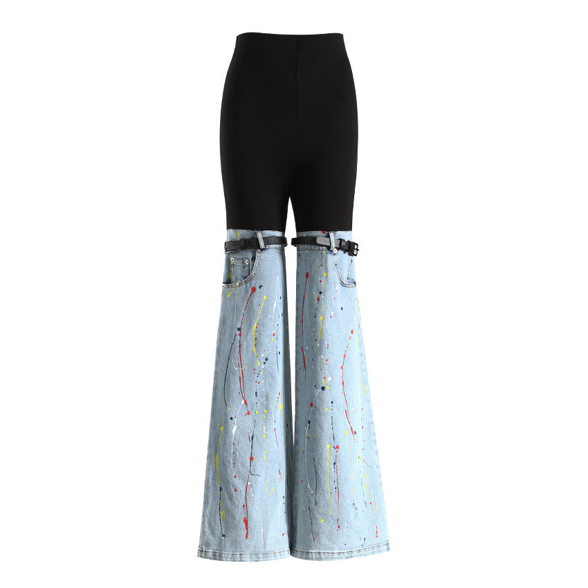 Spring High Waist Stitching Splash Paint Unique Design Jeans