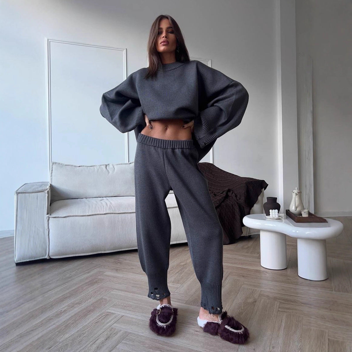 Ripped Female Knitted Ankle Tight Round Suits