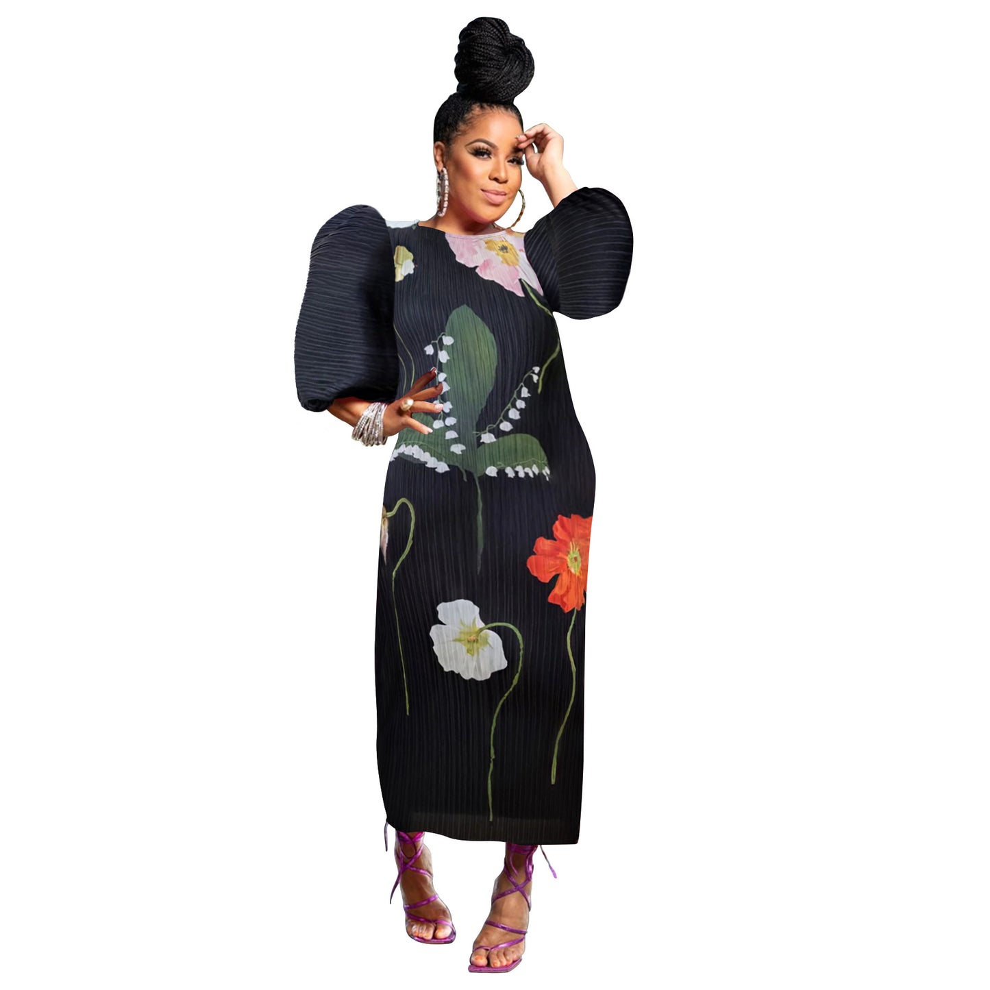 Women's Fashion Wear Lantern Sleeve Pleated Dress Dresses