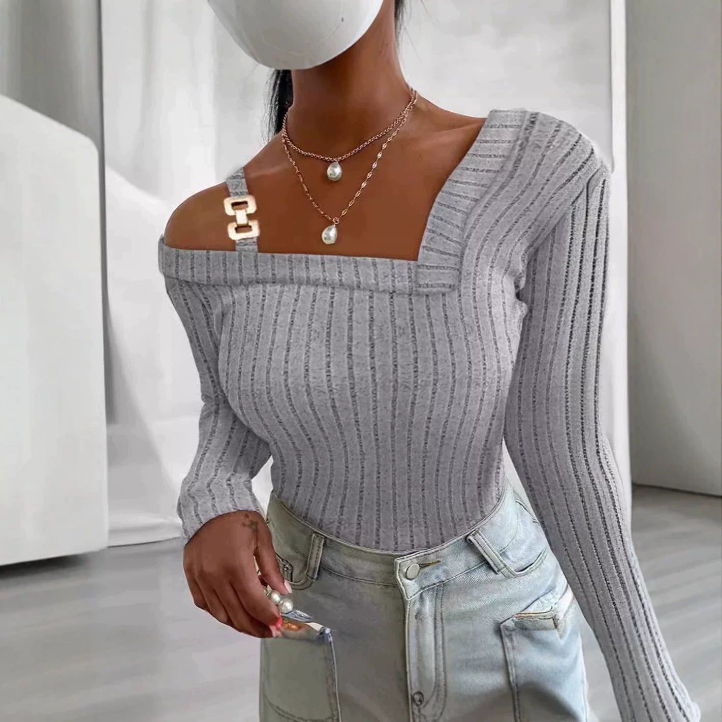 Women's Solid Color Deep V Sexy Stripe Design Slim Fit Long Women's Sweater