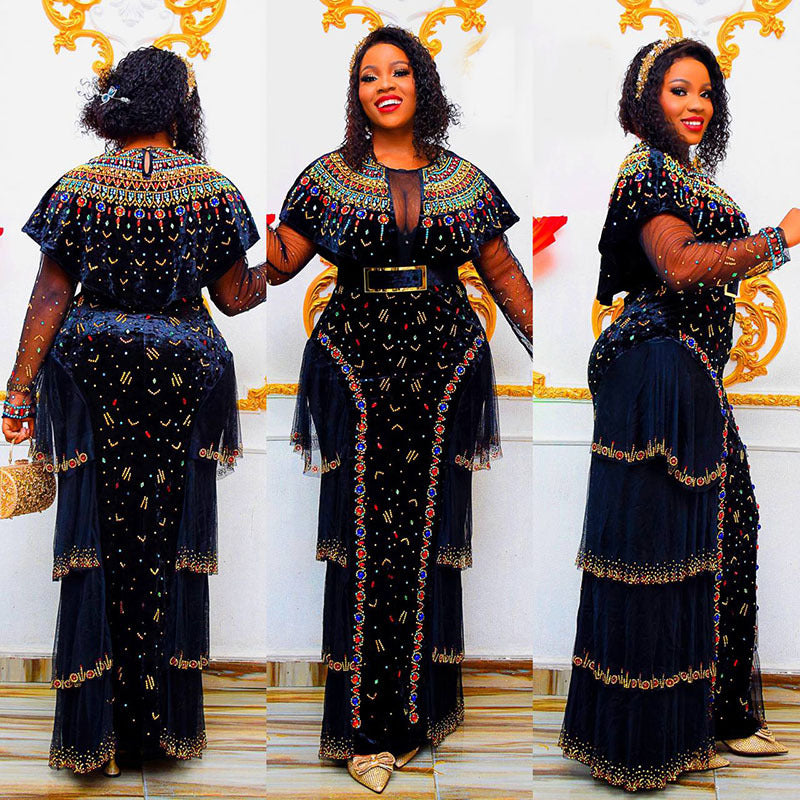 Women's Luxury Rhinestone Beaded Round Neck Long Dresses