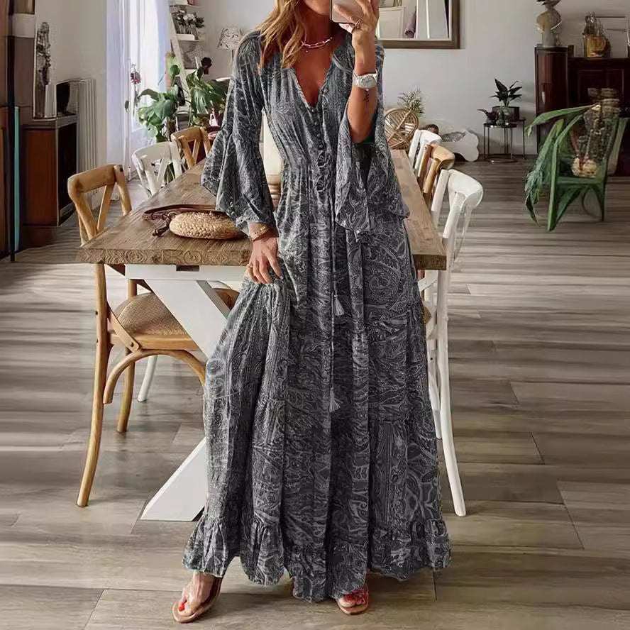 Bohemian Flare Sleeve Printed High Waist Holiday Dress