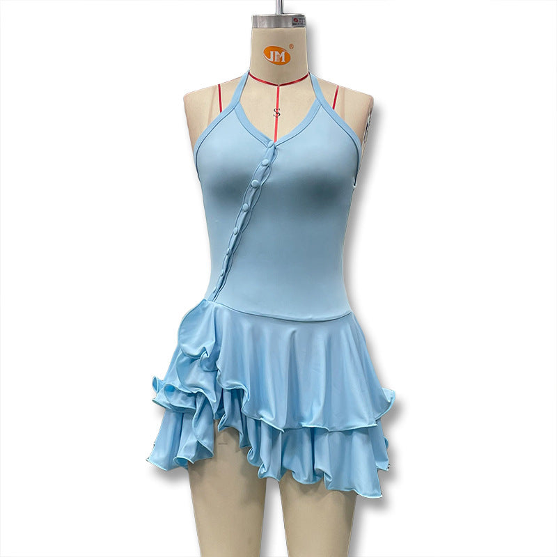 Women's Flare Sleeve Slim Fit Sexy Halter Backless Dress