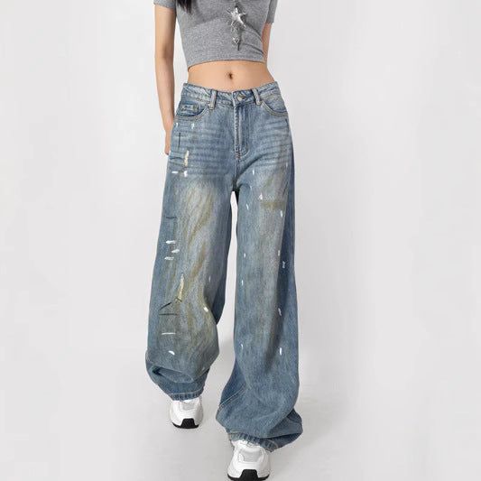 Women's Waist Loose Ripped Distressed Wide Leg Summer Jeans