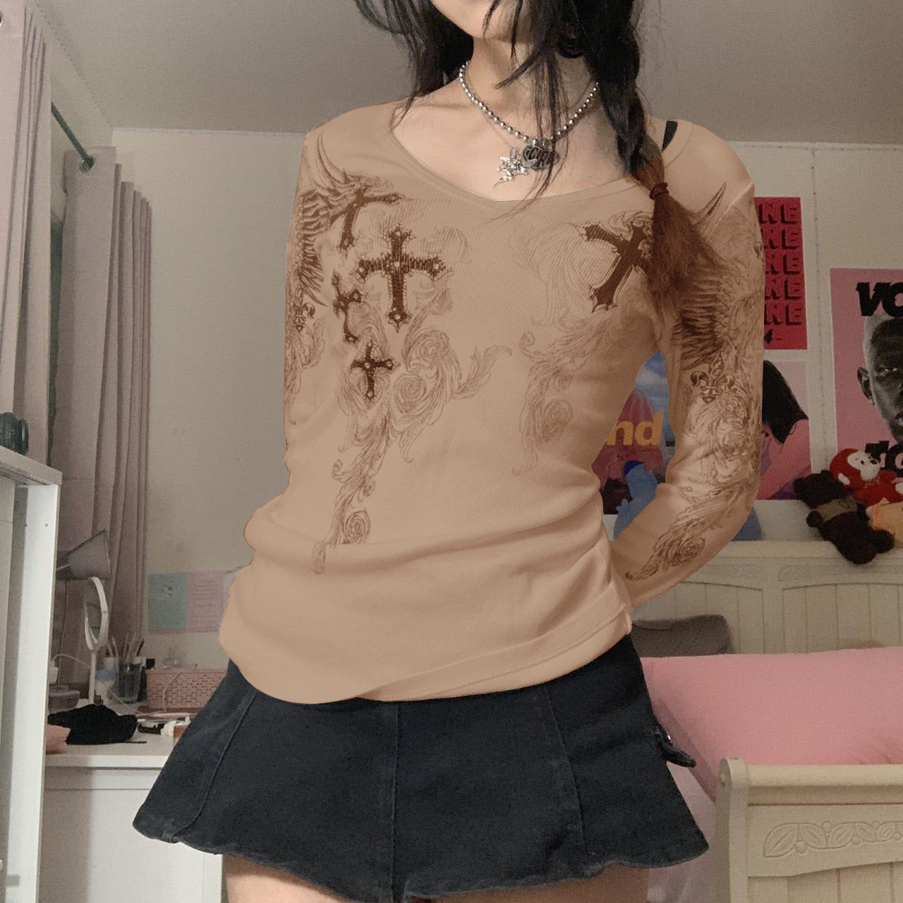 Women's Rhinestone Printed Round Neck Temperament Commute Long Blouses