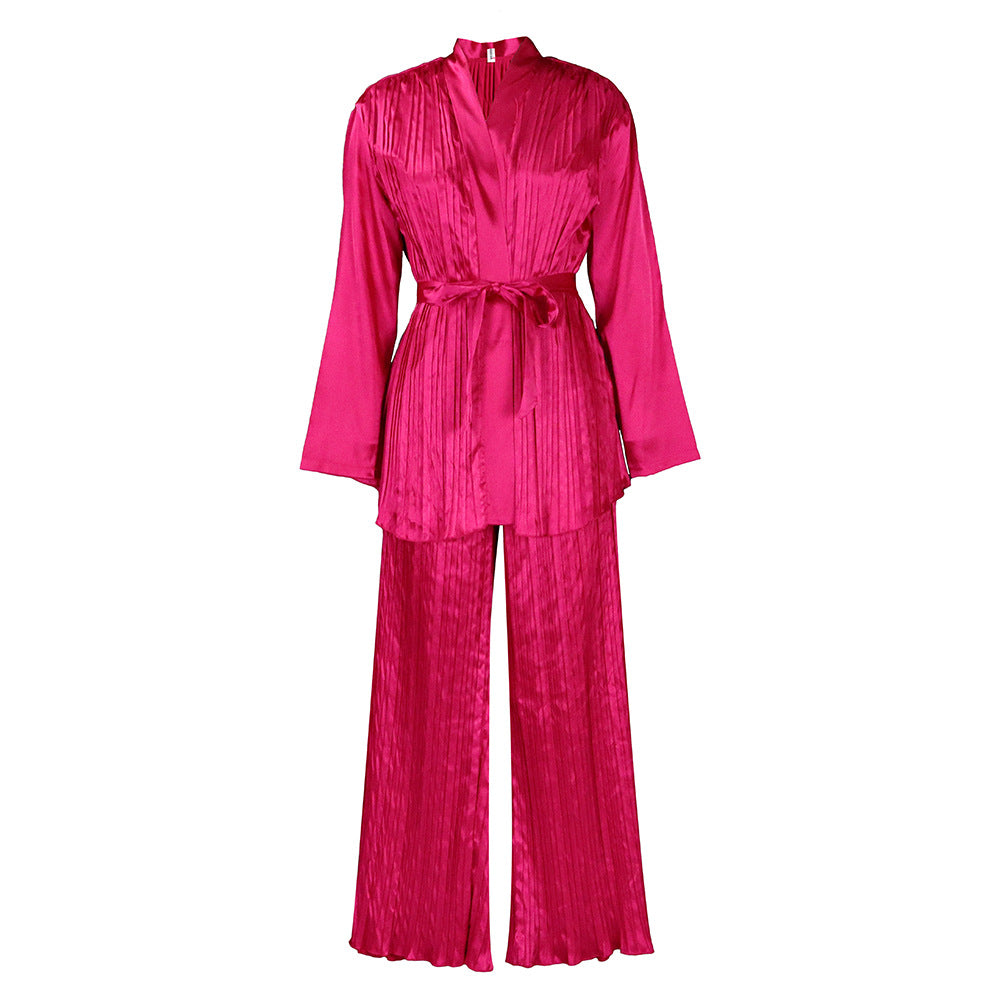 Women's Solid Color Pleated Loose Long Sleeve Tied Shirt Trousers Suits