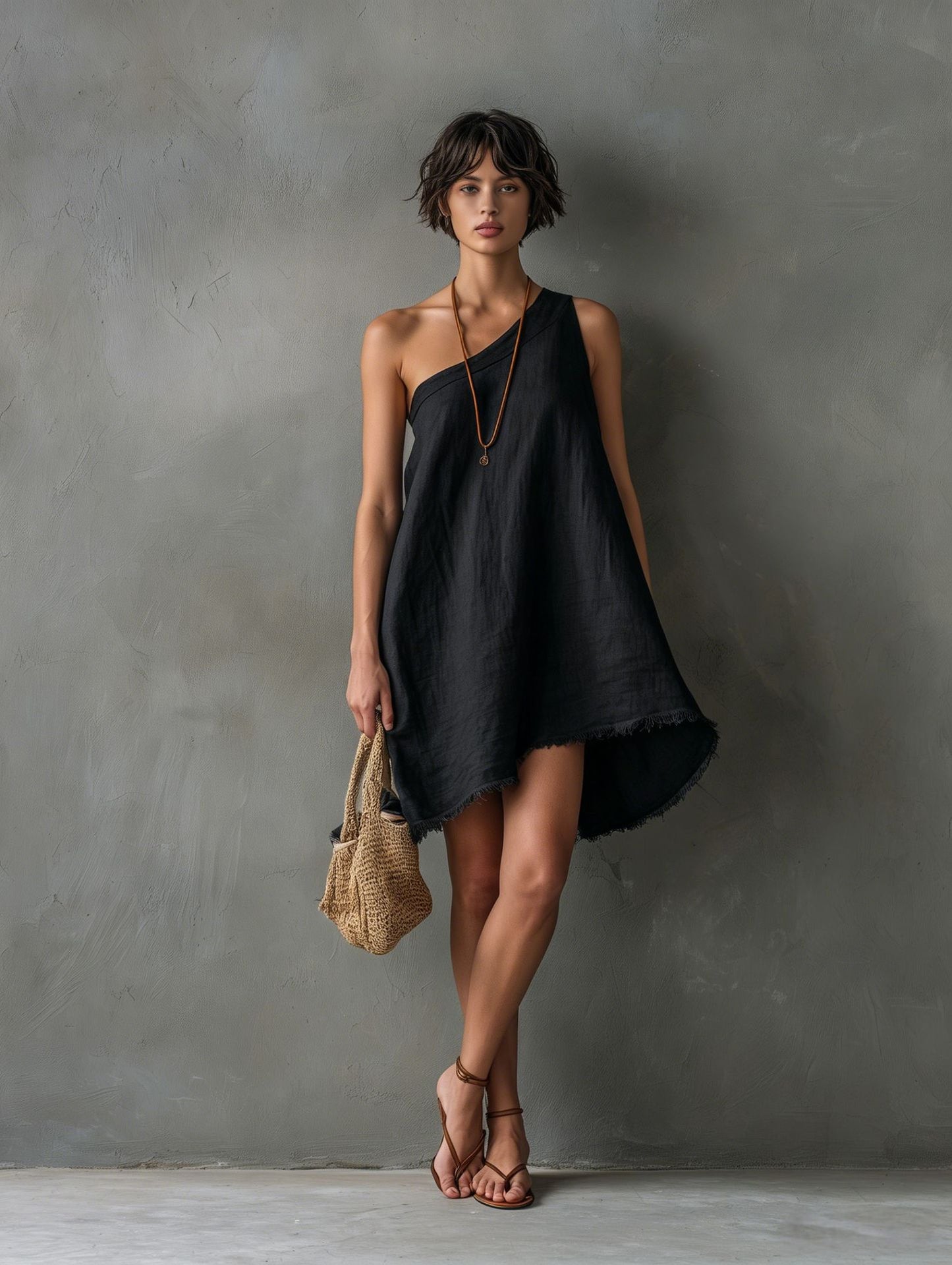 Women's Minimalist Linen Blend Shoulder Sleeveless Frayed Dress