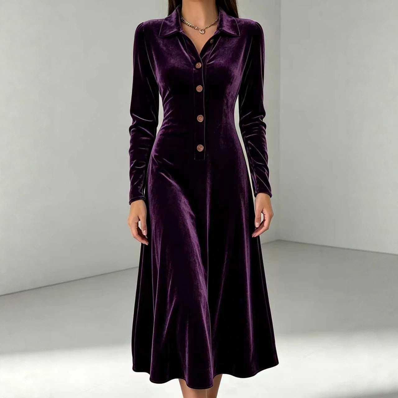 Veet Collar Solid Color Buttons Knitted Dress