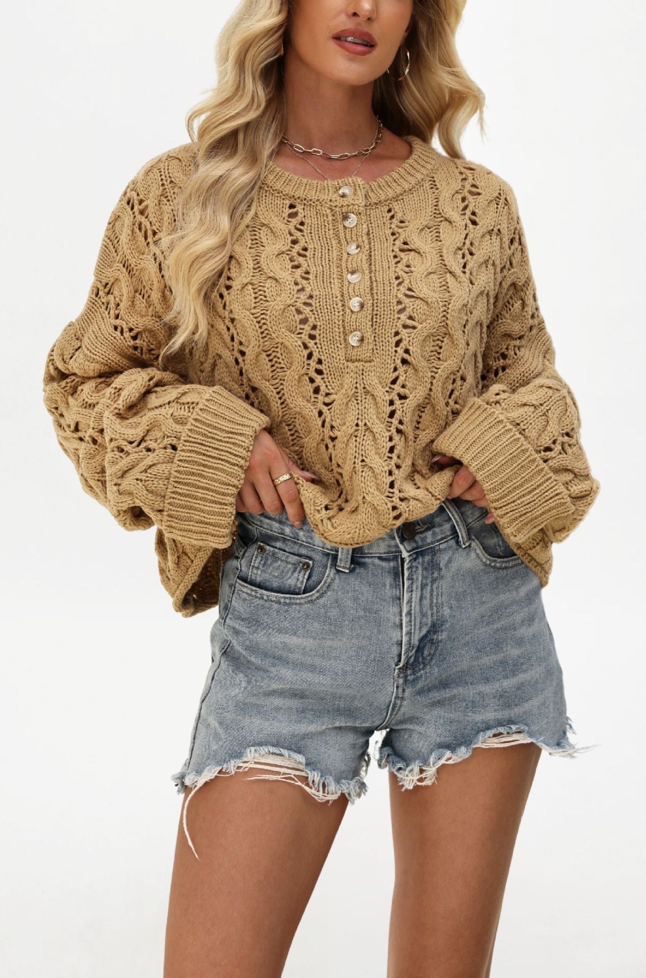Women's Button Loose Solid Color Pullover Sweaters