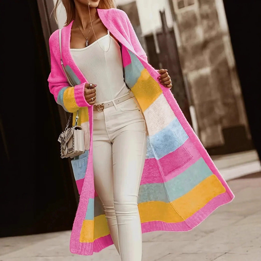 Women's Color Rainbow Stripe Casual Loose Long Sweaters