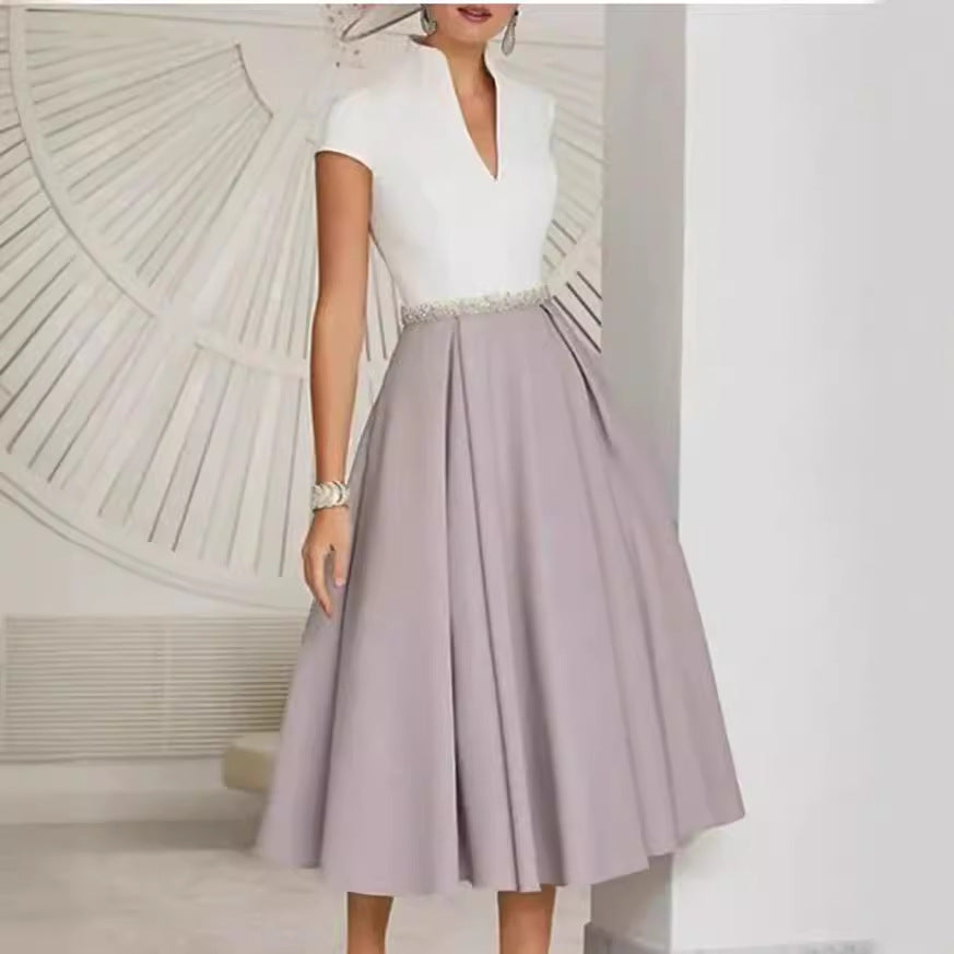 Women's A- Line Fashion White V Neck Large Dress