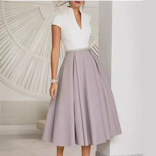 Women's A- Line Fashion White V Neck Large Dress