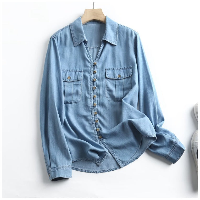 Women's Style Lapel Single Breasted Thin Denim Blouses